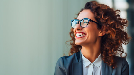 Wall Mural - beautiful woman with curly hair smiling and looking at side