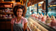 portrait of an African American woman selling ice cream in an ice cream parlor