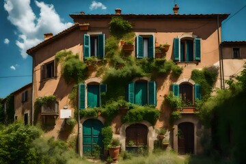 Poster - italy, lazio, tuscania, Exterior of overgrown town house in summer.