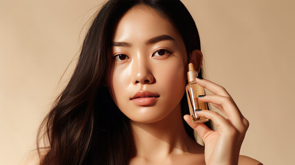 Wall Mural - Close up young Asian woman with clean radiant skin holding a moisturizing serum on a beige background. Spa care, facial skin care, beauty cosmetology.