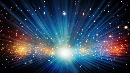 Wall Mural - Abstract backgound with blue and orange light rays. God rays or light burst with bokeh. Generated AI.