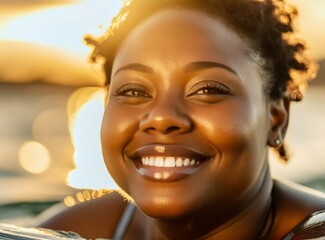 Poster - Chubby African american smiling model wearing bikini on the beach