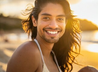 Poster - Brunette transsexual person smiling model wearing bikini on the beach