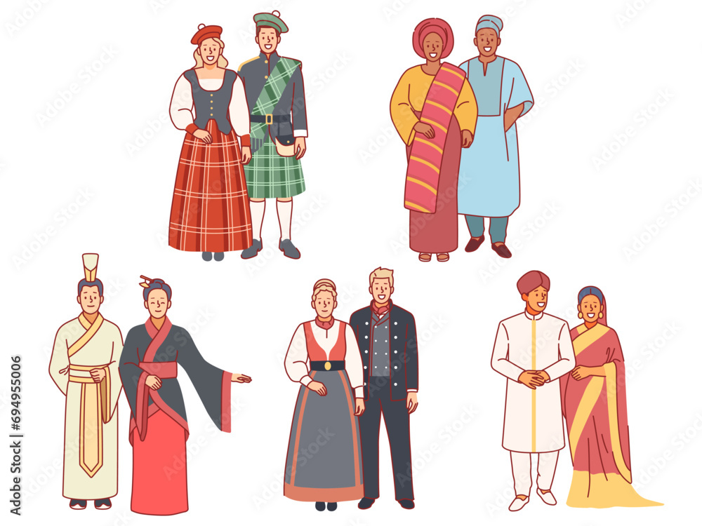 People in national costumes. Multicultural couples, traditional folk wears, various ethnic groups, asians, africans and europeans. Scots, Indians and Japanese. Cartoon flat vector set