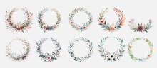 Set Of Cute Wreath With Flowers, Leaves And Branches In Vintage Watercolor Style.