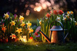 Gardening tools, spring flowers, gardening glows, watering can on green grass in the garden