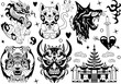 Japanese tattoo set with demon Hannya Mask, Maneki Neko cat, Chinese dragon with flowers. Set of art for tattoos or print on a T-shirt. Oni mask vector illustration design with dark art style