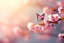 Beautiful Pink Flowers On A Fresh Spring Morning With Nature And Fluttering Butterflies
