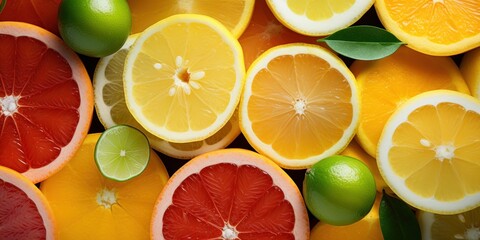 Wall Mural - Bright display of different citrus fruits, sorted by color.