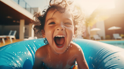 Joyful children in colorful swim rings bask in the sunny pool, epitomizing summer fun and vacation bliss