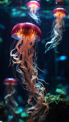 Wall Mural - Glowing jellyfish swim in the big aquarium. Medusa neon jellyfish fantasy concept.