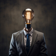 Businessman With Light Bulb Head On A Dark Background.