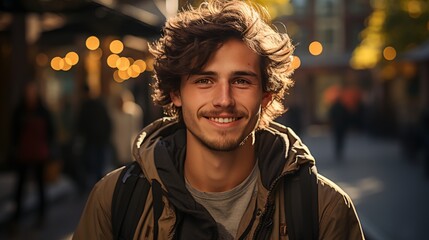 Wall Mural - A young smiling man on a city street