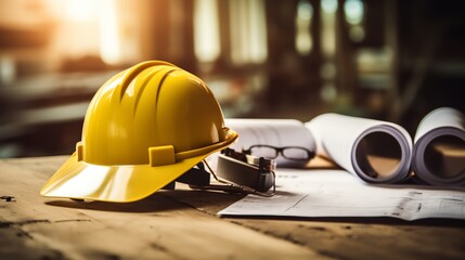 Wall Mural - Yellow work helmet on the table