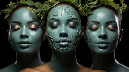 Poster - Women with green face mask on black background