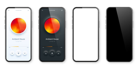 Wall Mural - Online audio player user interface, smartphone app UI design. Music, media streaming and listening platform. Responsive mobile application. Neumorphism, neumorphic style. Vector illustration.