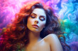 Ritratto di donna rilassata in un mare di colori. Aroma e cromo terapia