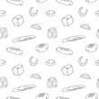 Bakery products seamless pattern vector illustration background.Hand drawn ornament with bread, bun, croissant. Food and bake design for poster, label, template, card, backdrop, print, menu, wrapping