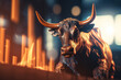 gold bull sculpture on chart background for business concept. Graph Stock Trading, crypto currency