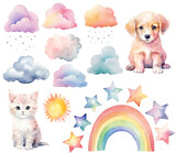 Fototapeta Dziecięca - Watercolor puppy, kitty. Set of vector hand drawn nursery elements, clouds rainbow, stars, wall stickers