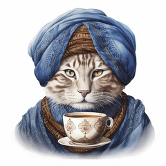 Canvas Print - cat in the turban with a cup of coffee on white background