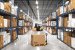 Pallet truck with a cardboard box in a warehouse. Large warehouse full of shelves, boxes and packaging on pallets. Logistics and distribution center for products. 3D rendering.