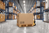 Fototapeta Natura - Pallet truck with a cardboard box in a warehouse. Large warehouse full of shelves, boxes and packaging on pallets. Logistics and distribution center for products. 3D rendering.