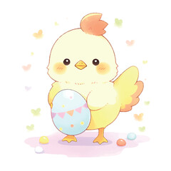 Sticker - cute illustration chicken with easter egg watercolor on white background