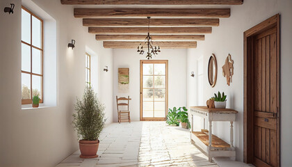 White stucco wall and ceiling with wooden beams in farmhouse hallway. Rustic style interior design of boho entrance hall in country house natural and minimalist background, Ai generated image.