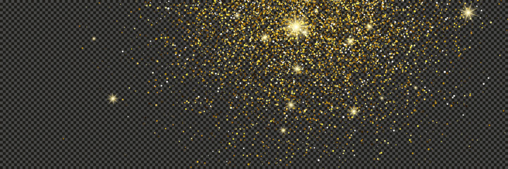 Gold glittering dust with stars on transparent backdrop