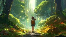Girl staying alone inside the forest illustration with particles light