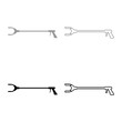 Long reach grabber litter picker gripper trash device pick up tool claw equipment arm hand set icon grey black color vector illustration image solid fill outline contour line thin flat style