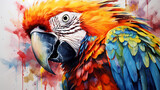 Watercolor painting of a parrot in the wild with dynamic strong brush strokes, vibrant colors, and abstract colors, illustration