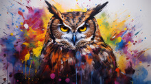 Watercolor Painting Of A Owl In The Wild With Dynamic Strong Brush Strokes, Vibrant Colors, And Abstract Colors, Illustration