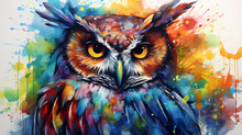 Watercolor Painting Of A Owl In The Wild With Dynamic Strong Brush Strokes, Vibrant Colors, And Abstract Colors, Illustration