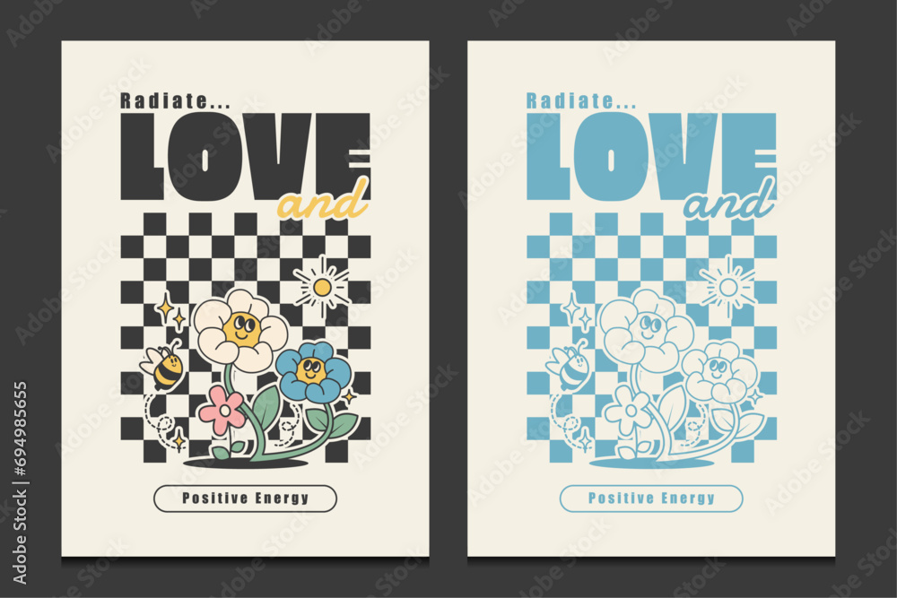 retro 70s posters with flowers cartoon characters, vector illustration ...