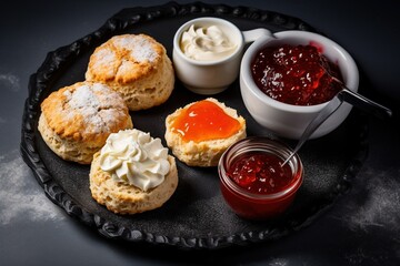 Wall Mural - Scones, tea cakes with jam, clotted cream with tea. Traditional British teatime. Grey background. Copy space. Top view