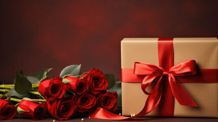 Wall Mural - Bouquet of red roses lying next to a gift wrapped in paper