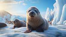 Fur Seal On An Ice Floe, Sunny Day