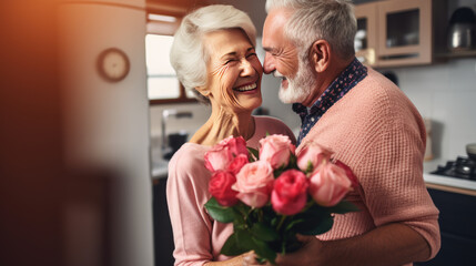 Wall Mural - Elderly couple in a kitchen, with the man hugging the woman from behind, both smiling joyfully, as the woman holds a bouquet of roses.