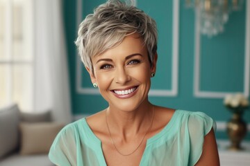 Wall Mural - Portrait of well-groomed gray-haired tanned modern woman 50s mid with short haircut in cyan dress