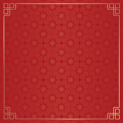 Wall Mural - Red texture background, golden wavy ornament with silhouettes of flowers.