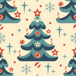 Retro funny Christmas seamless pattern with minimalist fir trees on light background. Elegant flat style ornament for backdrop, fabric for wrapping paper designs. Holiday, new year pattern.