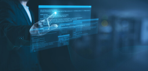 Wall Mural - system analyst or programmer touching virtual screen for showing sql structured query language code.