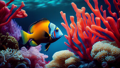 Wall Mural - Colorful fish swims among colorful corals, Ai generated image.