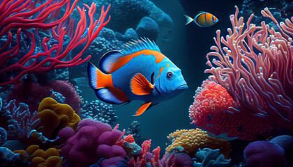 Wall Mural - Colorful fish swims among colorful corals, Ai generated image.