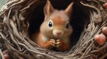 A Playful Squirrel Nestled In A Tree Hollow, Surrounded By Heart-shaped Acorns