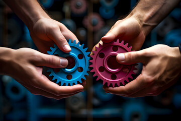 two hands are holding colorful gears, one blue and one pink, against a background of many gears. thi