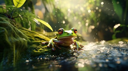 green frog floating in a rainforest river