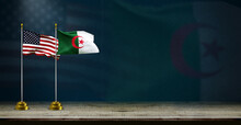 Algeria And USA Flag Wave On Dark Background. Digital Illustration For National Activity Or Social Media Content.